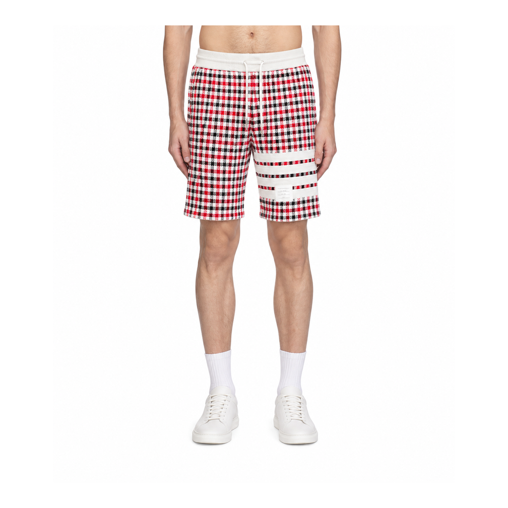 Thom Browne Style Men's Cotton Casual Shorts - Signature Four-Bar Detail Lattice Pattern