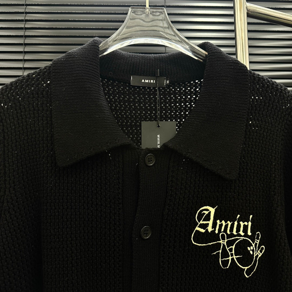 AMIRI Gothic Script Embroidered Short‑Sleeve Knit Cardigan