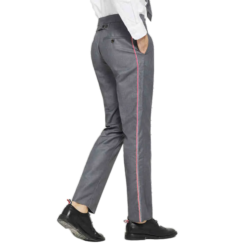 Thom Browne Style Men's Casual Trousers - 100% Wool with Adjustable Backstrap with Signature Four-Bar...