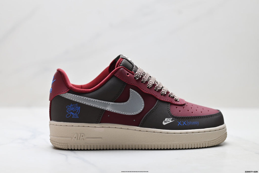 Nike Air Force 1 Low Burgundy Silver Unisex Sneakers Style 09