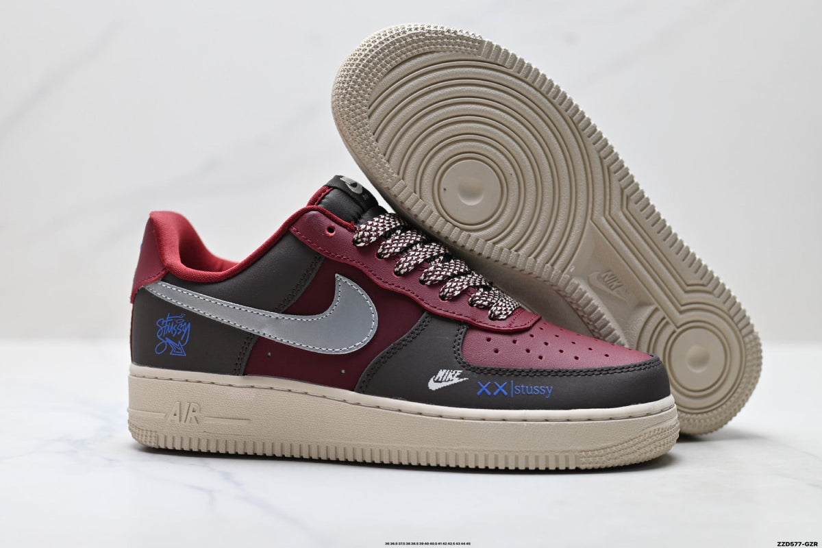 Nike Air Force 1 Low Burgundy Silver Unisex Sneakers Style 09