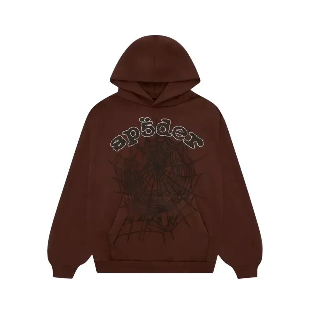 Sp5der x Travis Scott ComplexCon Exclusive Rhinestone Web Hoodie Brown