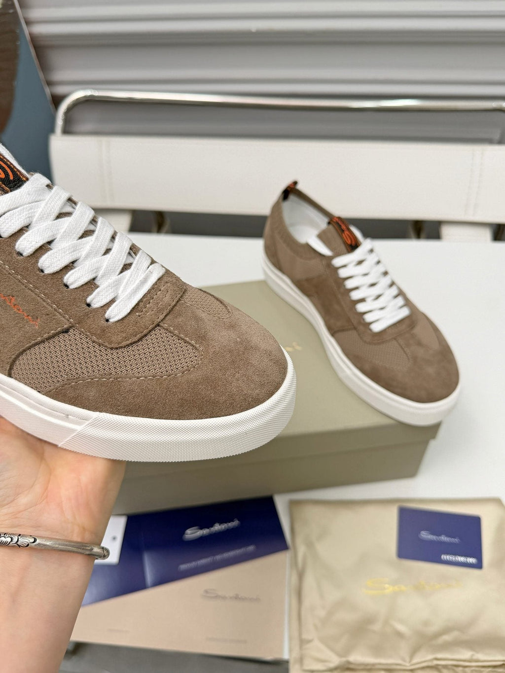 Santoni Taupe Brown Low-Top Sneakers