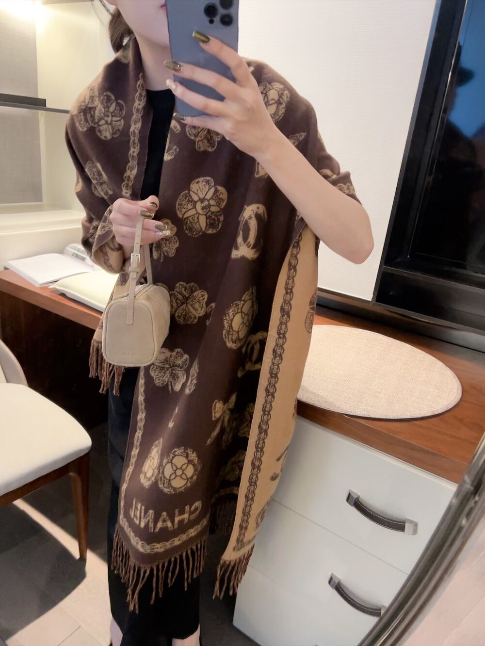 Chanel Logo-Pattern Fringed Scarf