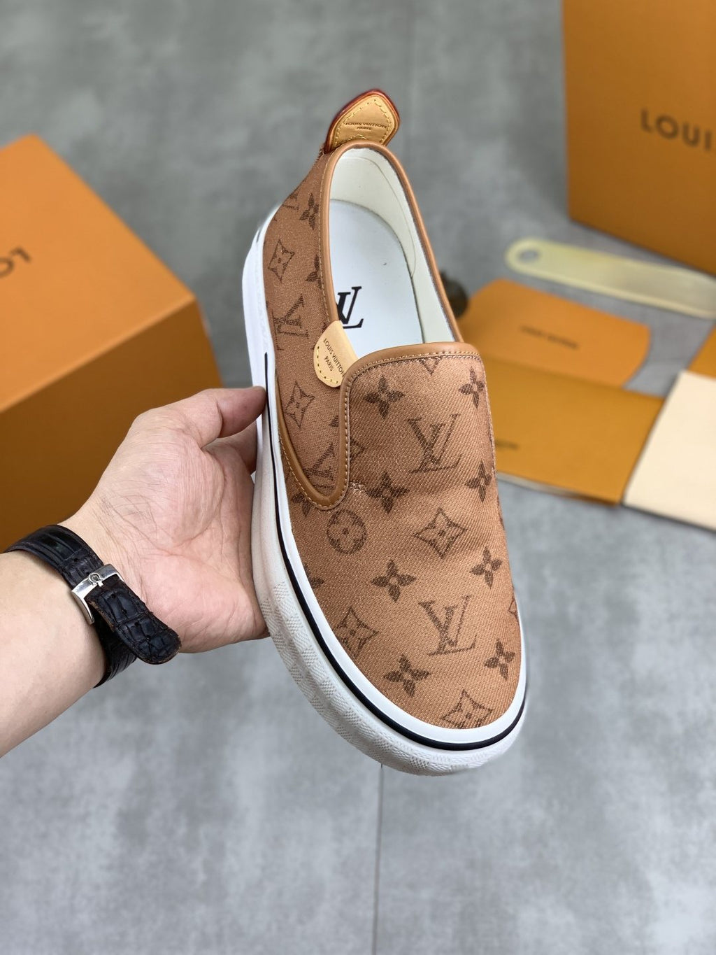 Louis Vuitton Tan Monogram Slip-On Shoes