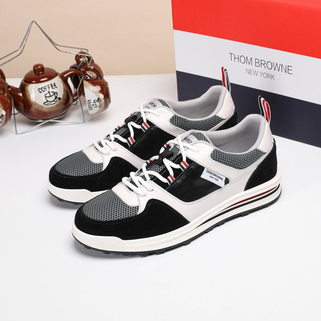Thom Browne White Navy Panel Low-Top Sneakers