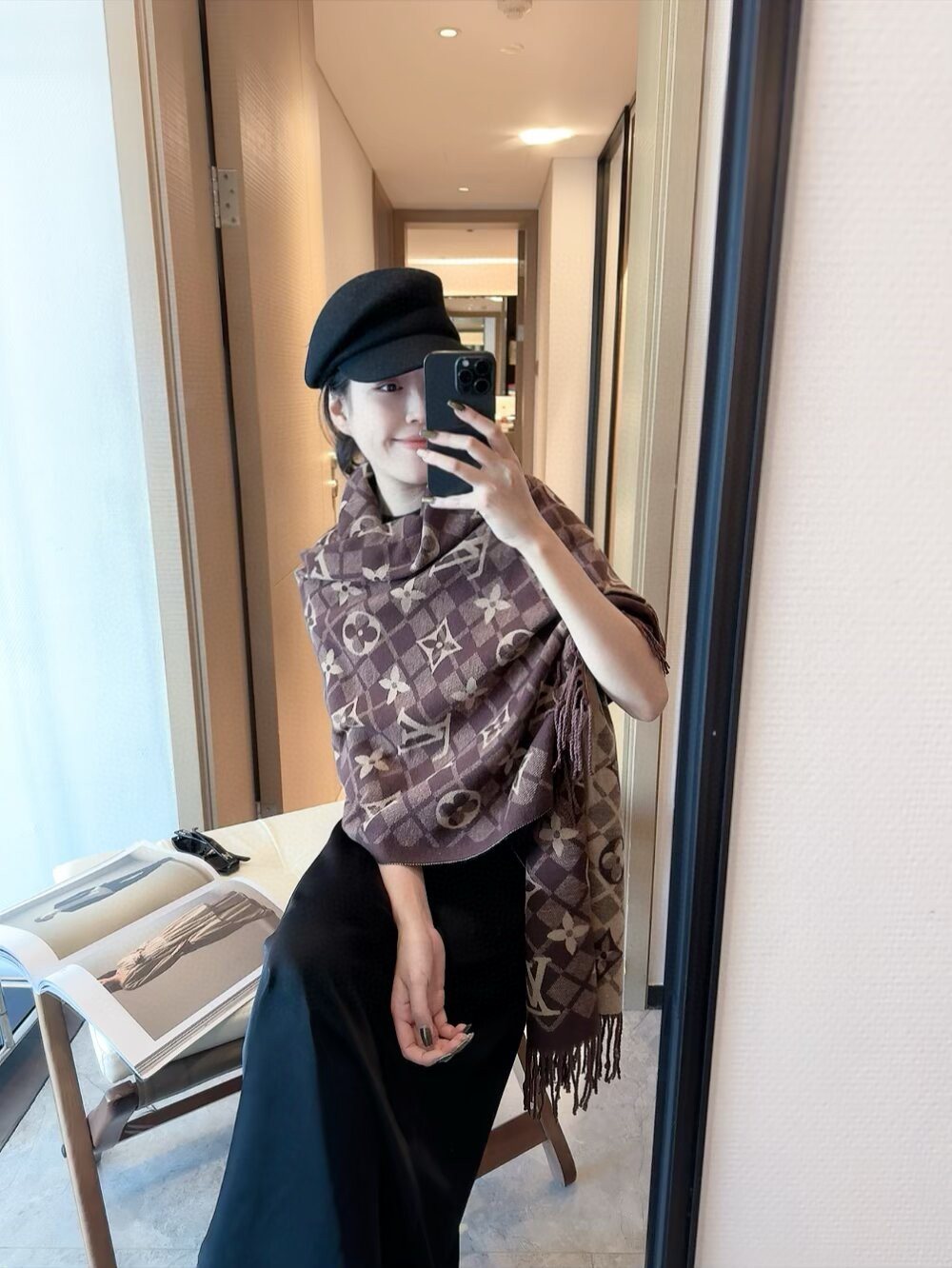Louis Vuitton Dark Brown Fringed Patterned Scarf