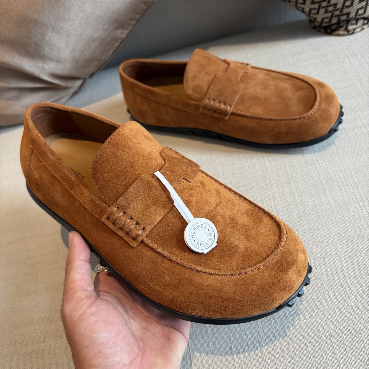 Hermès Textured Studded-Sole Loafers
