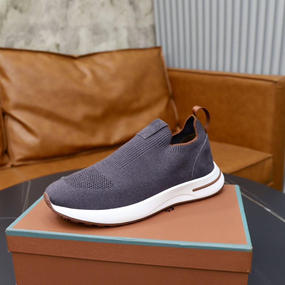 Loro Piana Men's Charcoal Knit Slip-On Sneakers