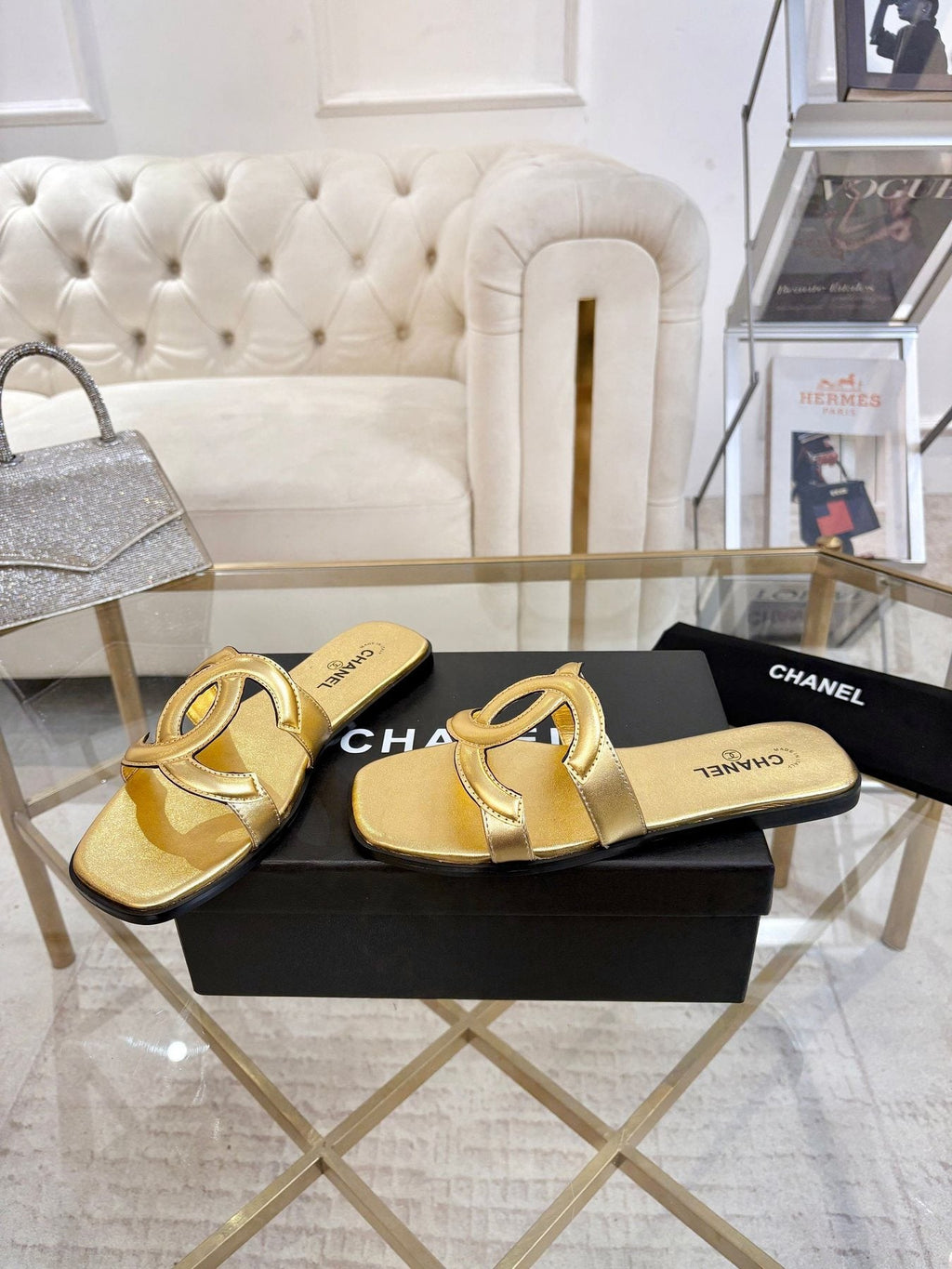 Chanel Embossed Logo Slide Sandals