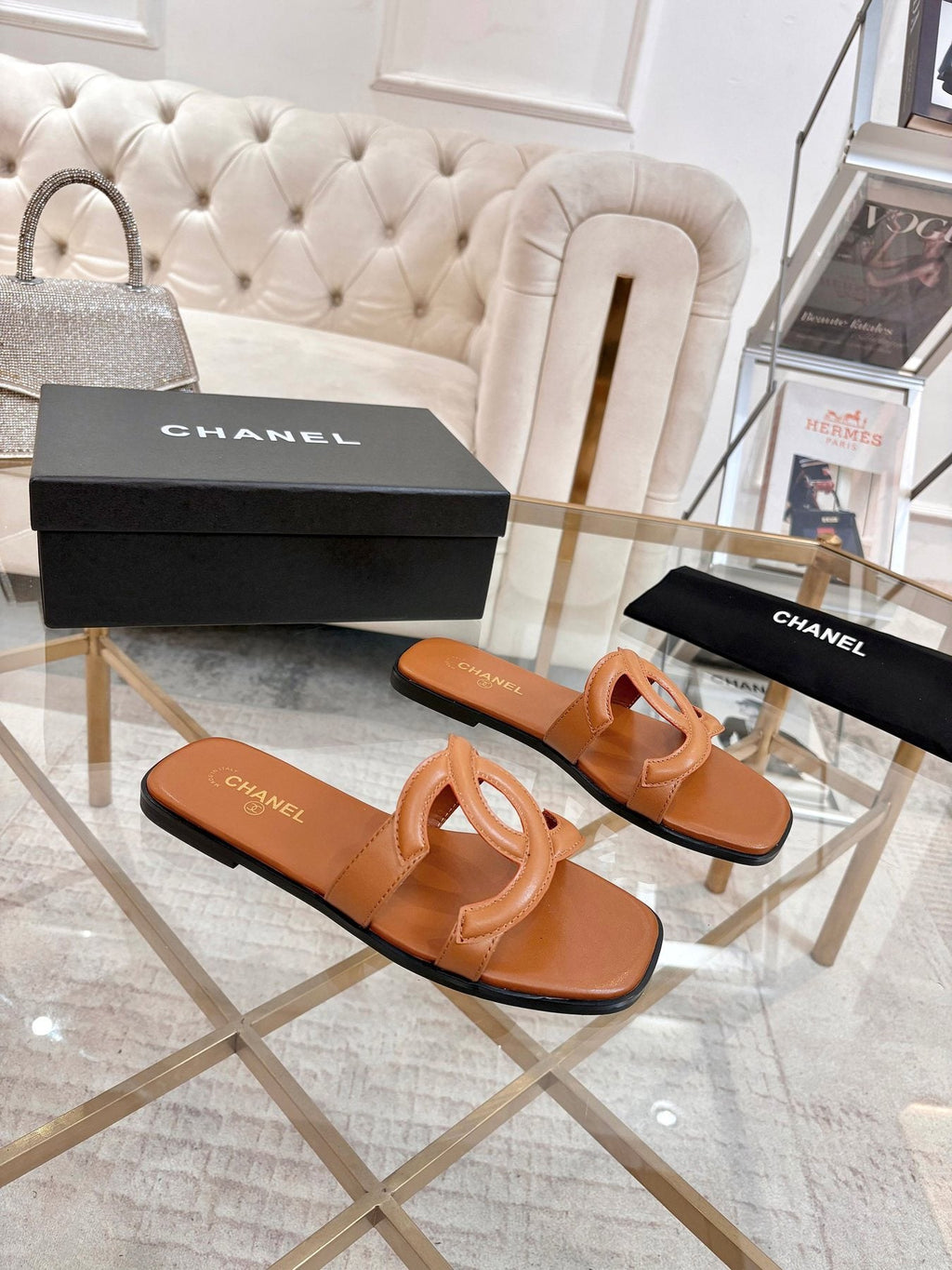 Chanel Embossed Logo Slide Sandals