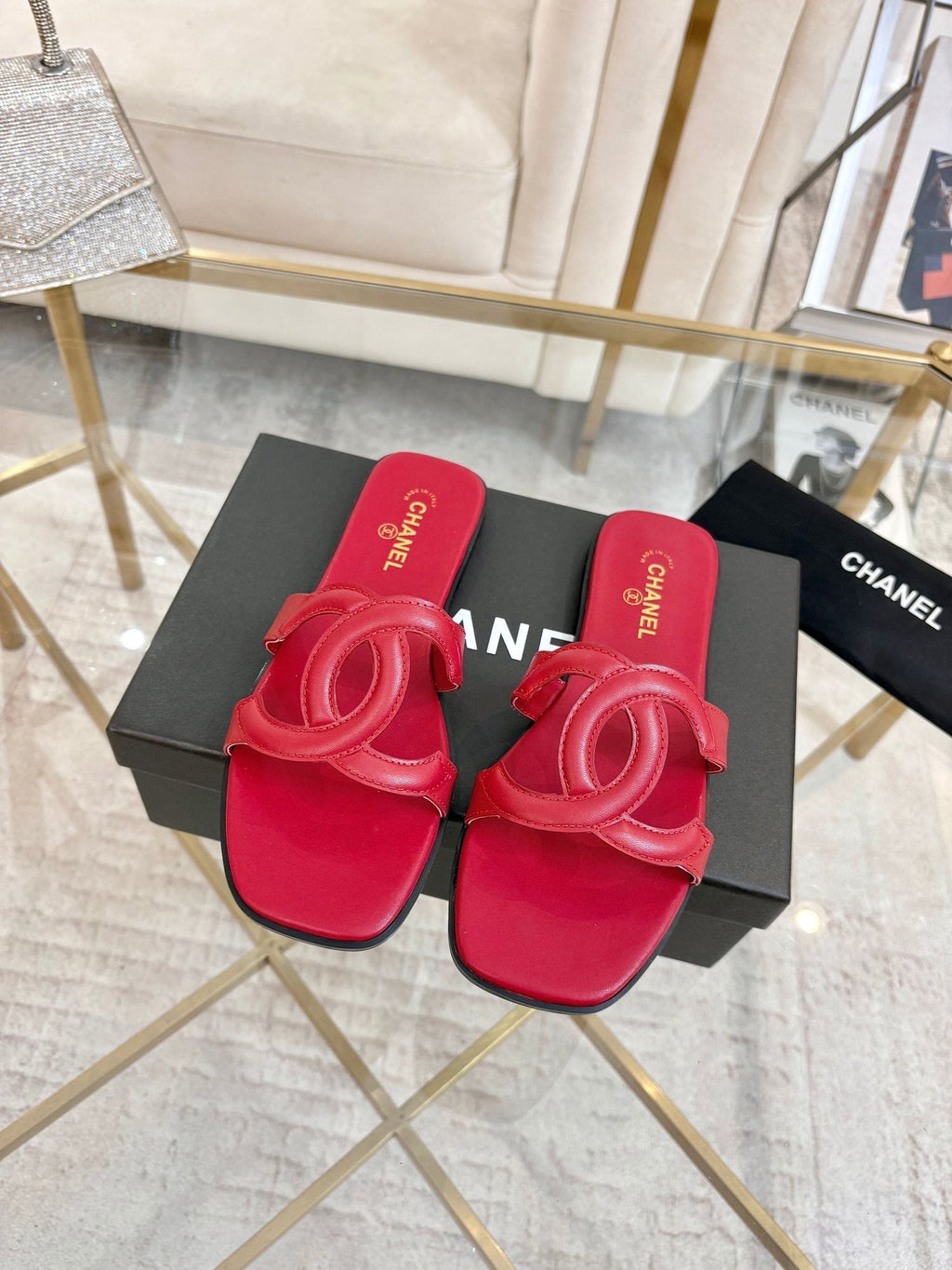 Chanel Embossed Logo Slide Sandals