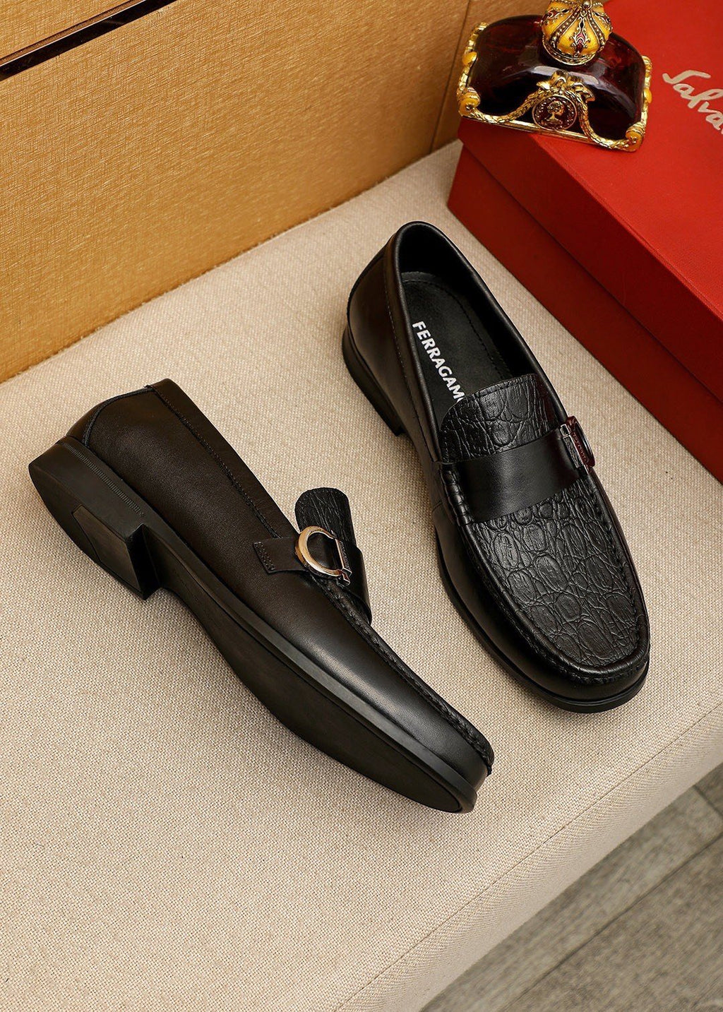 Ferragamo Embossed Buckle Loafers