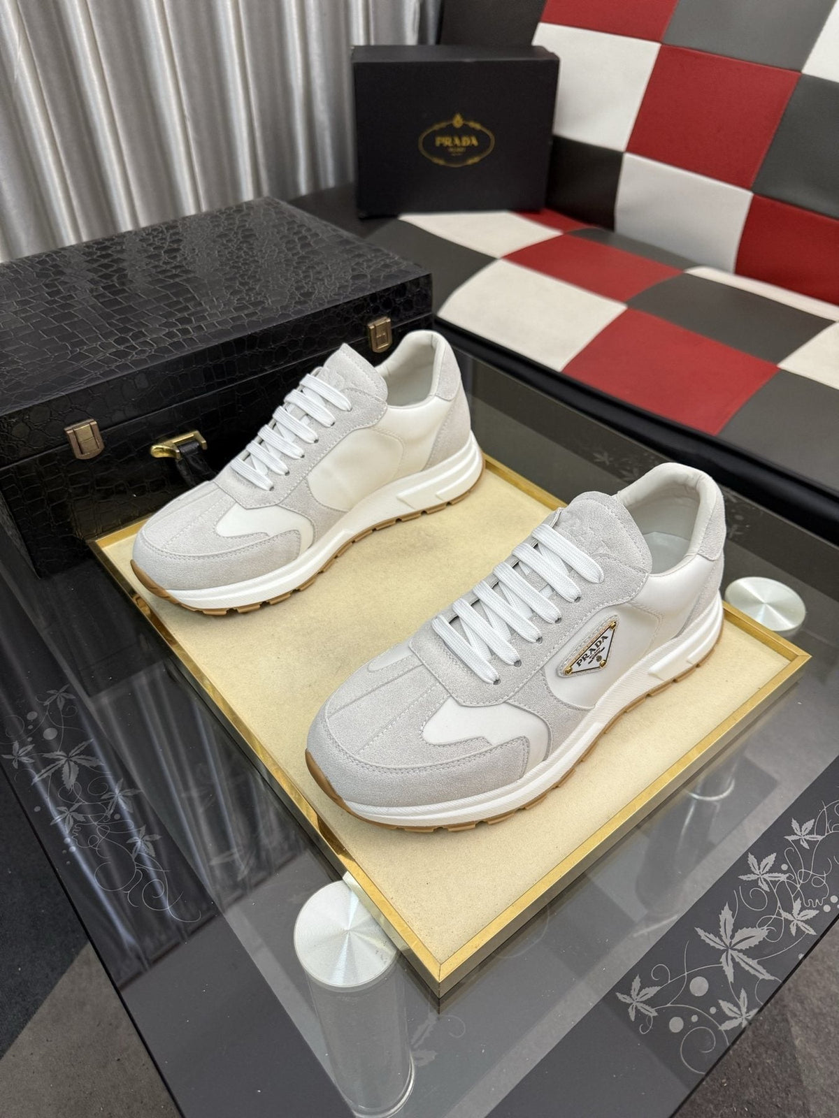 Prada Men's Triangle Badge Low-Top Sneakers - Lace-Up Closure