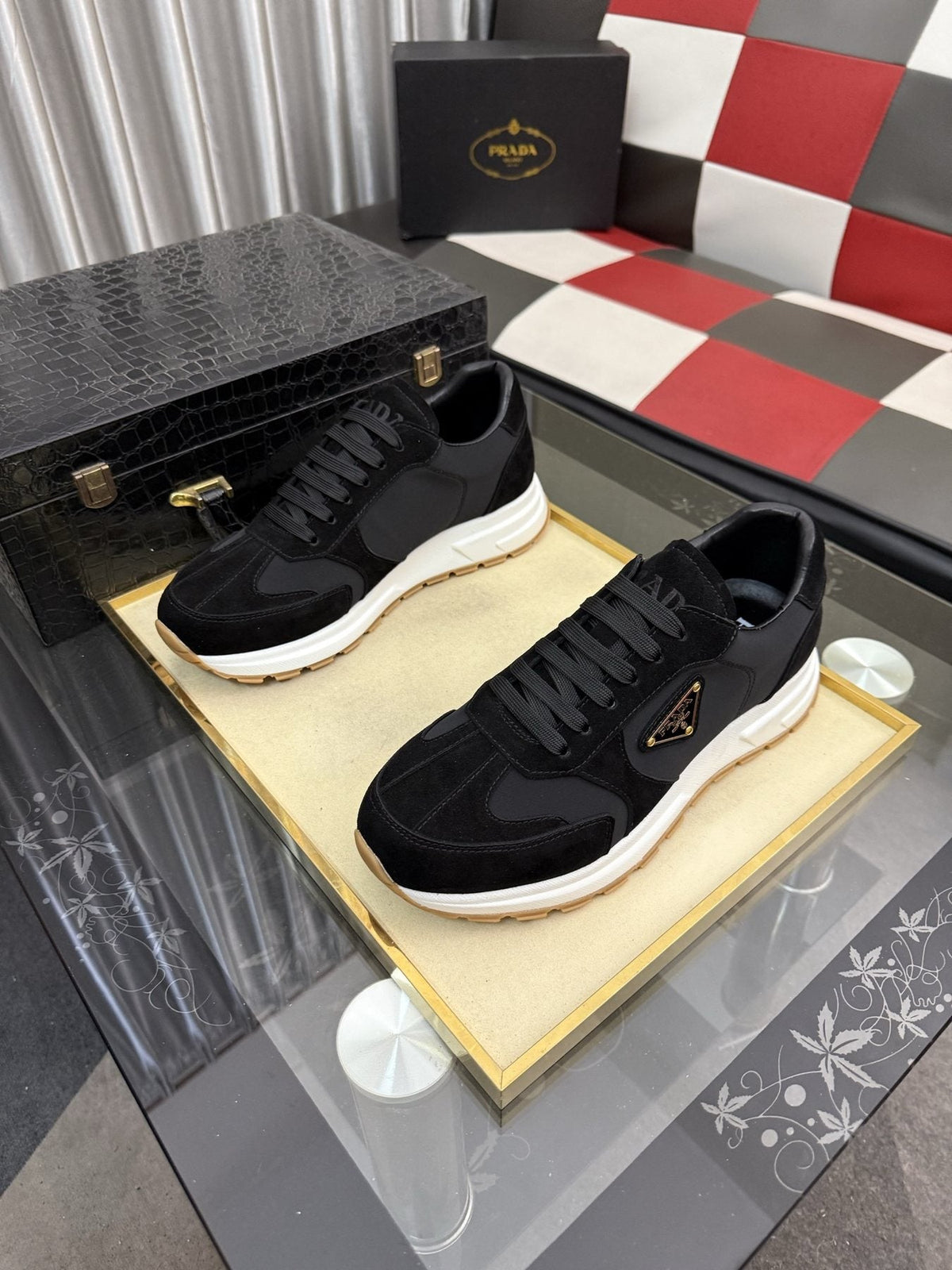 Prada Men's Triangle Badge Low-Top Sneakers - Lace-Up Closure