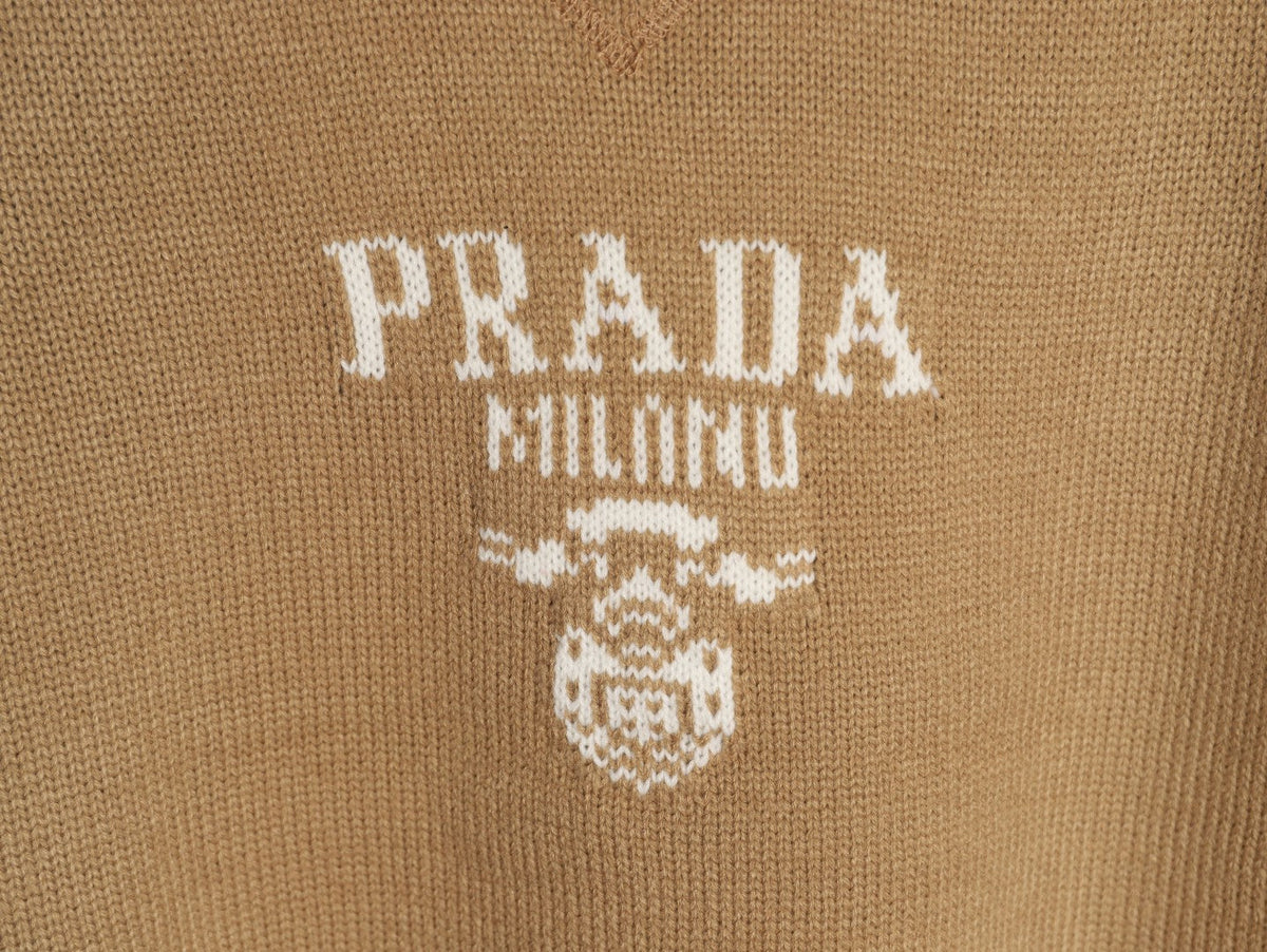 Prada Milano Logo Crewneck Knit Sweater - Camel